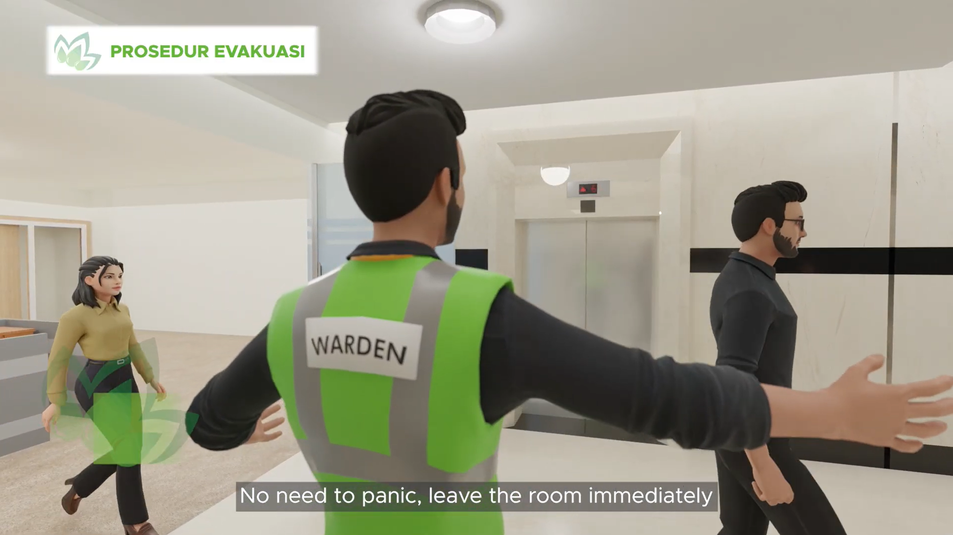 Cuplikan animasi 3D safety induction: petugas keselamatan memandu evakuasi di dalam kantor