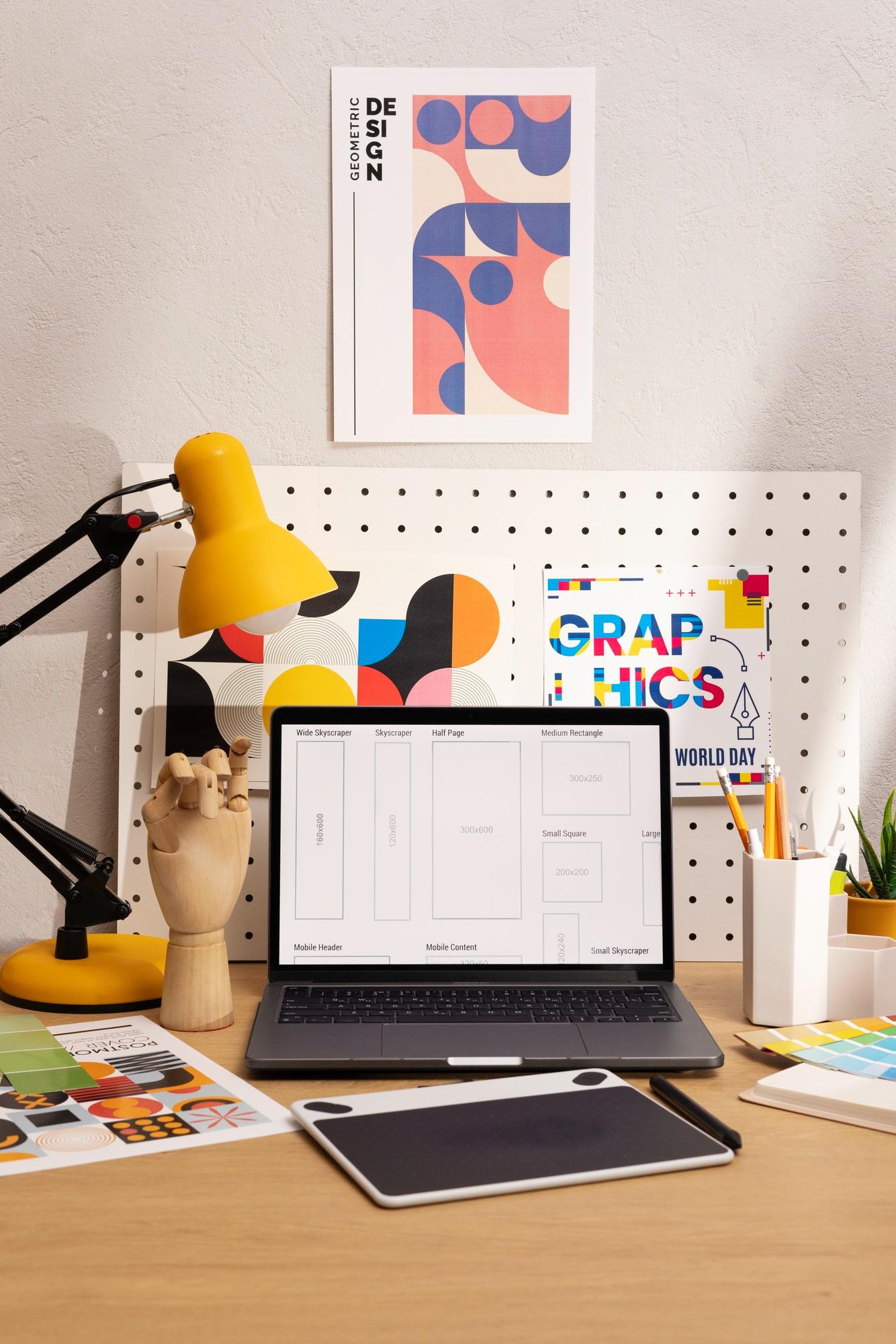 Meja kerja desainer grafis dengan laptop, lampu meja, dan poster hasil desain